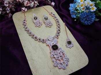 Green rose gold premium designer american diamond and stone work necklace set 2