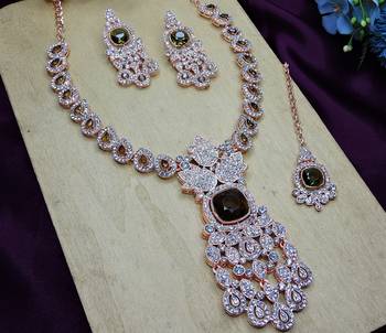 Green rose gold premium designer american diamond and stone work necklace set 3