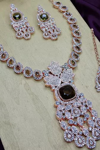 Green rose gold premium designer american diamond and stone work necklace set