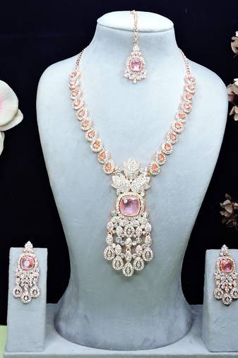 Pink rose gold premium designer american diamond and stone work necklace set