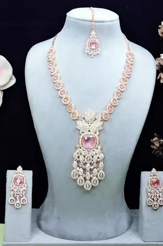 Pink rose gold premium designer american diamond and stone work necklace set