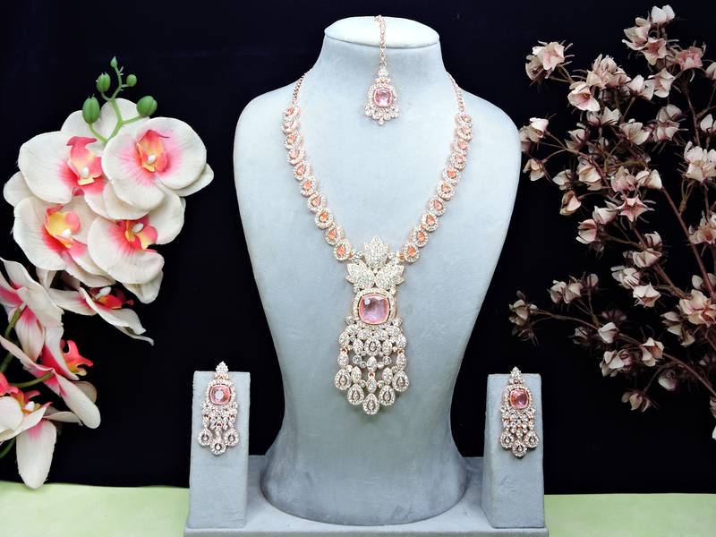 Pink rose gold premium designer american diamond and stone work necklace set