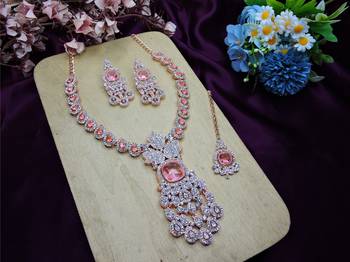 Pink rose gold premium designer american diamond and stone work necklace set 2
