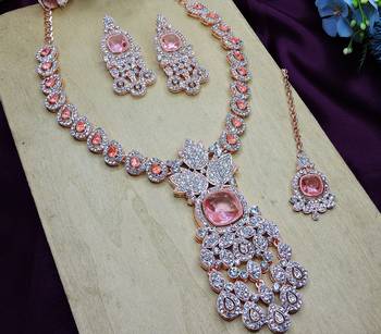 Pink rose gold premium designer american diamond and stone work necklace set 3