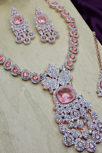 Pink rose gold premium designer american diamond and stone work necklace set