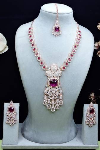 Purple rose gold premium designer american diamond and stone work necklace set
