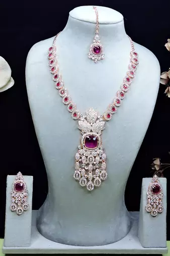 Purple rose gold premium designer american diamond and stone work necklace set