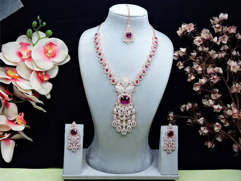 Purple rose gold premium designer american diamond and stone work necklace set