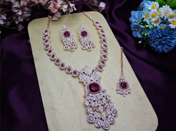 Purple rose gold premium designer american diamond and stone work necklace set 2