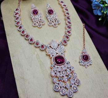 Purple rose gold premium designer american diamond and stone work necklace set 3