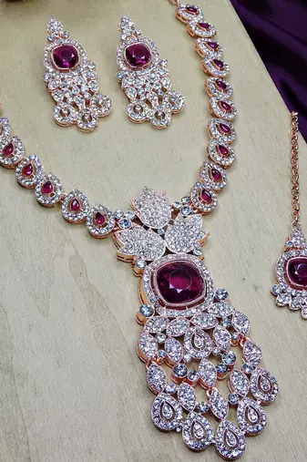Purple rose gold premium designer american diamond and stone work necklace set