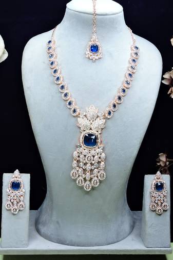 Blue rose gold premium designer american diamond and stone work necklace set