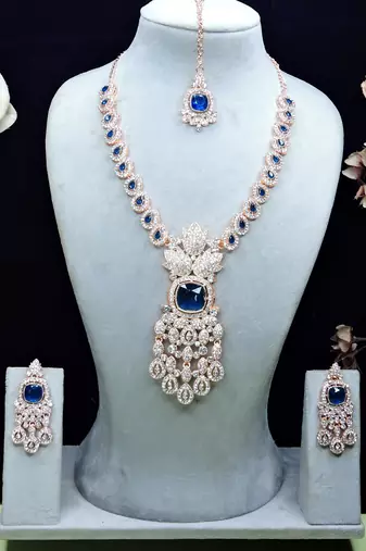 Blue rose gold premium designer american diamond and stone work necklace set