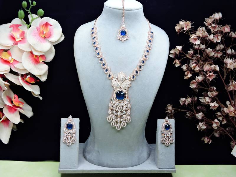 Blue rose gold premium designer american diamond and stone work necklace set