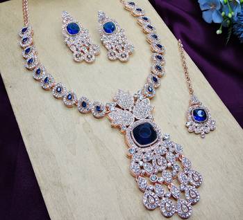 Blue rose gold premium designer american diamond and stone work necklace set 3