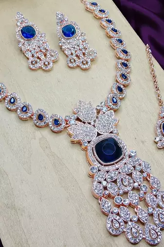 Blue rose gold premium designer american diamond and stone work necklace set