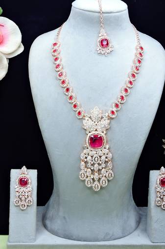 Pink rose gold premium designer american diamond and stone work necklace set