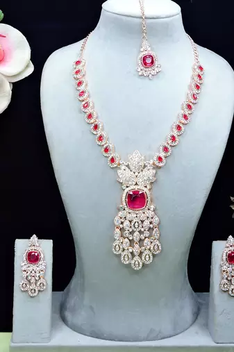 Pink rose gold premium designer american diamond and stone work necklace set