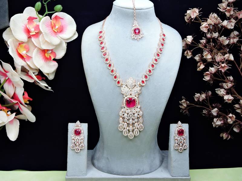 Pink rose gold premium designer american diamond and stone work necklace set