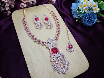 Pink rose gold premium designer american diamond and stone work necklace set 2