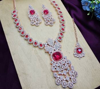 Pink rose gold premium designer american diamond and stone work necklace set 3