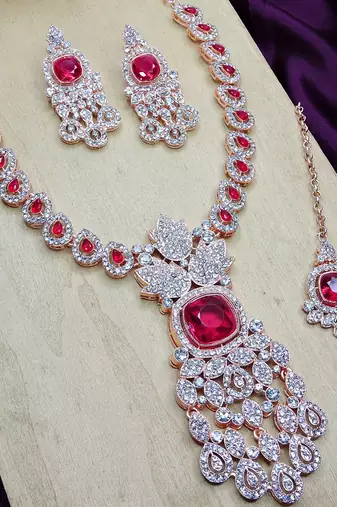 Pink rose gold premium designer american diamond and stone work necklace set