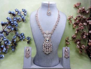 White rose gold premium designer american diamond and stone work necklace set 1