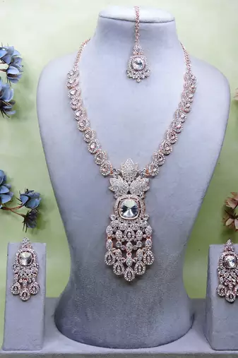 White rose gold premium designer american diamond and stone work necklace set
