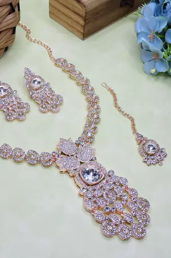 White rose gold premium designer american diamond and stone work necklace set