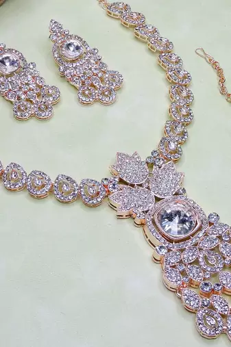 White rose gold premium designer american diamond and stone work necklace set