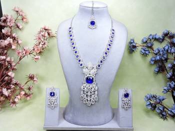 Blue rhodium premium designer american diamond and stone work necklace set 1