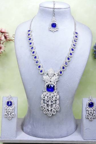 Blue rhodium premium designer american diamond and stone work necklace set