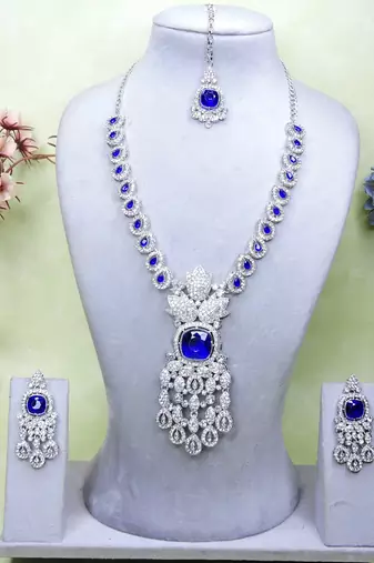 Blue rhodium premium designer american diamond and stone work necklace set