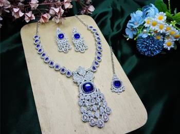Blue rhodium premium designer american diamond and stone work necklace set 2