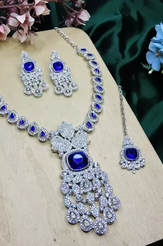 Blue rhodium premium designer american diamond and stone work necklace set