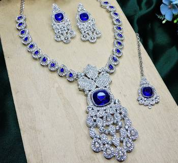 Blue rhodium premium designer american diamond and stone work necklace set 3