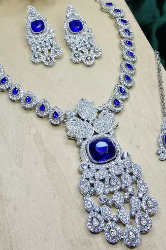 Blue rhodium premium designer american diamond and stone work necklace set