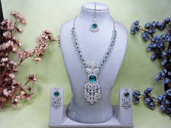 Green rhodium premium designer american diamond and stone work necklace set 1