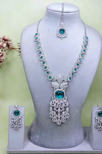 Green rhodium premium designer american diamond and stone work necklace set