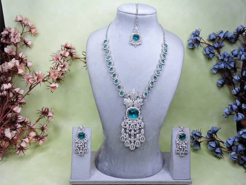 Green rhodium premium designer american diamond and stone work necklace set