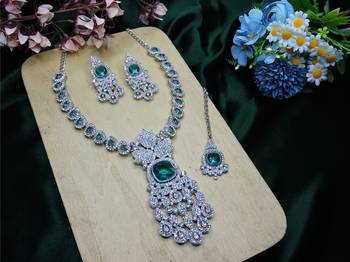 Green rhodium premium designer american diamond and stone work necklace set 2