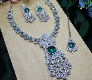 Green rhodium premium designer american diamond and stone work necklace set 3