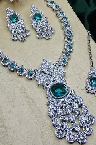 Green rhodium premium designer american diamond and stone work necklace set