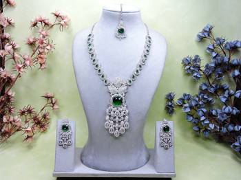 Green rhodium premium designer american diamond and stone work necklace set 1