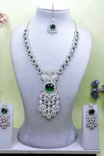 Green rhodium premium designer american diamond and stone work necklace set