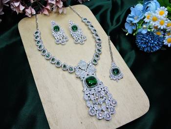 Green rhodium premium designer american diamond and stone work necklace set 2