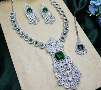 Green rhodium premium designer american diamond and stone work necklace set 3