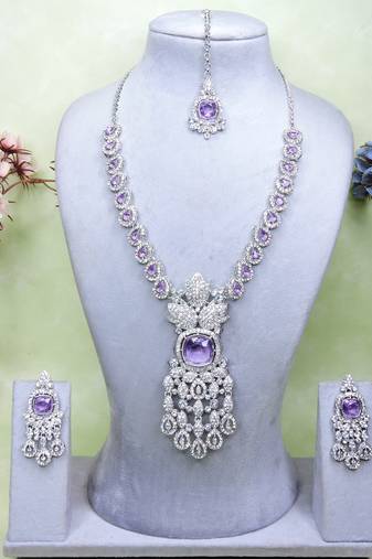 Purple rhodium premium designer american diamond and stone work necklace set