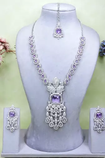 Purple rhodium premium designer american diamond and stone work necklace set