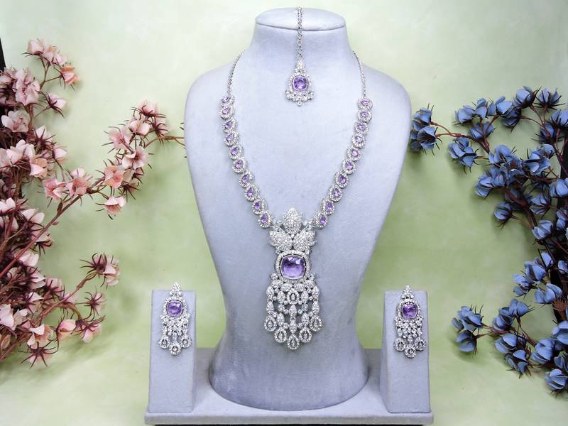 Purple rhodium premium designer american diamond and stone work necklace set